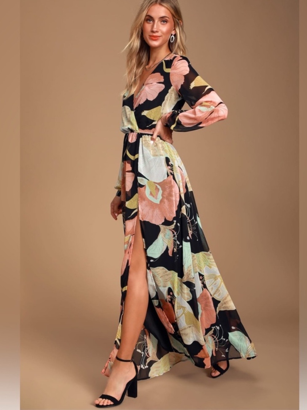 Lulus Wondrous Water Lillies Black Floral Print Maxi Dress size M - Picture 3 of 13